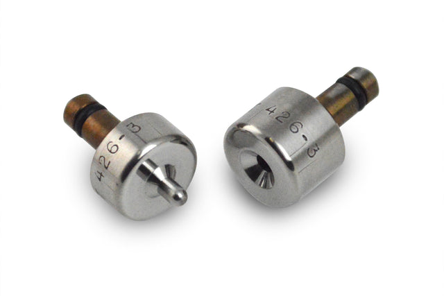 Male and female components of a dimple die, sized for 3/32" rivets. Dimple dies have springback angles and a 3/16" stem, compatible with our squeezers and dimplers.